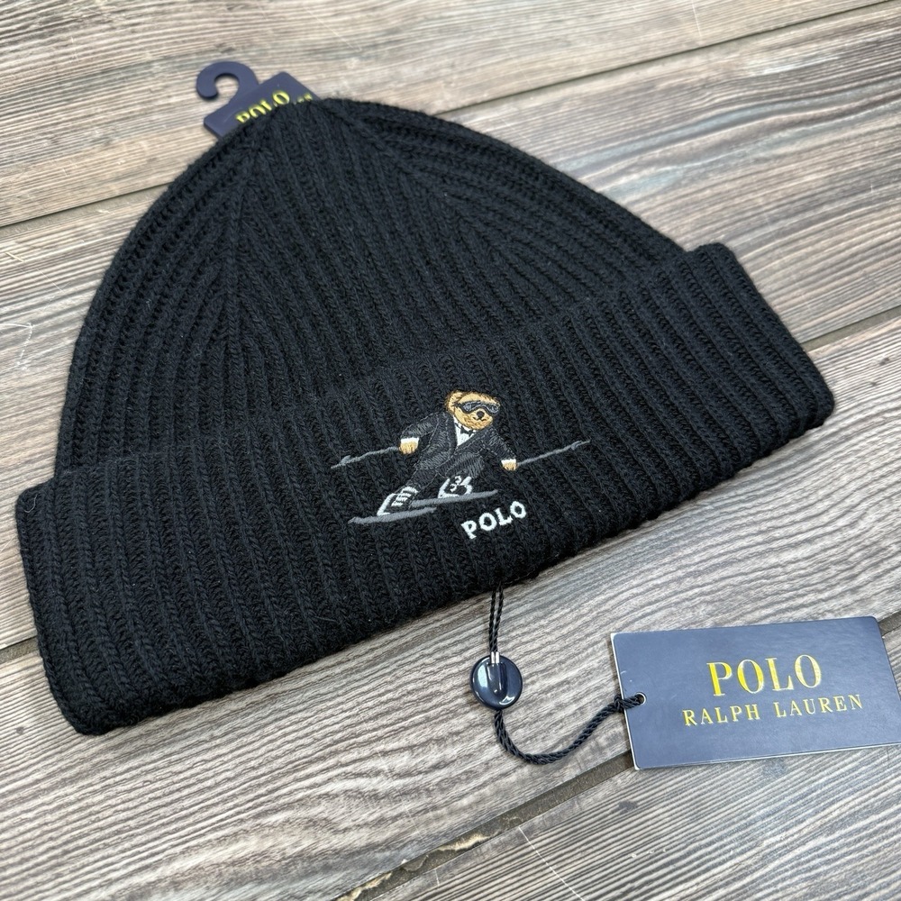Polo Ralph Lauren Men's 100% Wool Ski Bear Tuxedo Hat Beanie Black NEW